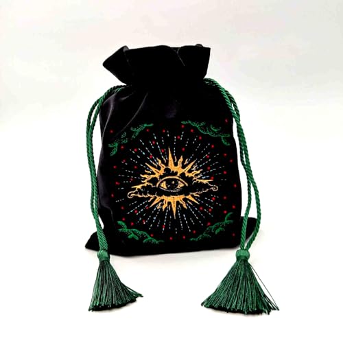 Black Velvet Pouch for Tarot Decks, Oracle Cards and Crystals, Embroidered Mystical Makeup Bag, Soft Velvet Cosmetic Pouch, Travel Organizer Storage Bag with Tassel