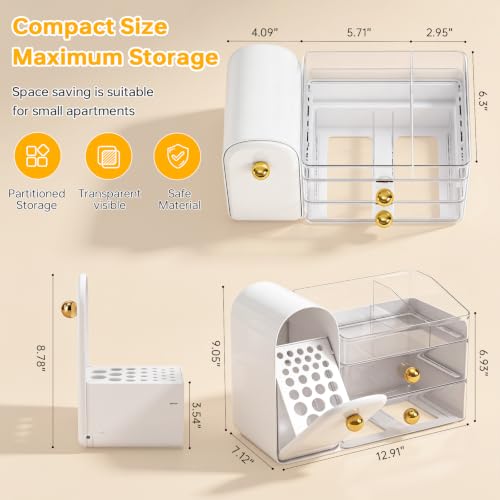 White Makeup Organizer for Vanity with Drawers & Brush Holder - Skincare Storage