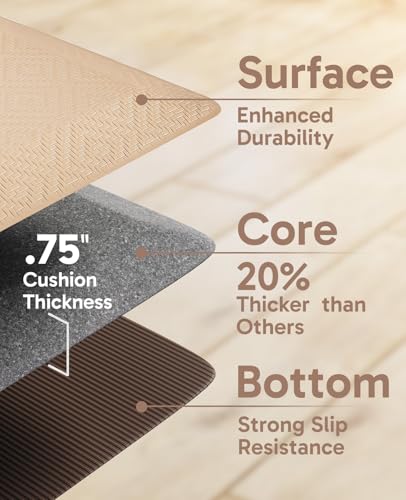 Beige Anti-Fatigue Kitchen Mat 20x48 Inches - Cushioned, Waterproof, Non-Slip Office & Home Standing Rug