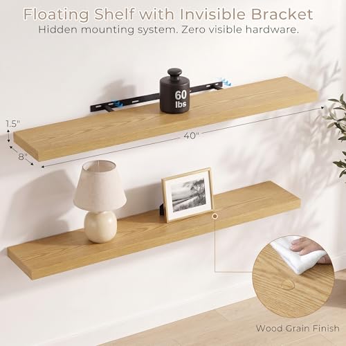 Vivelove Oak Floating Shelves Set of 2 - 40 x 8 Inch Wall Storage with Hidden Brackets