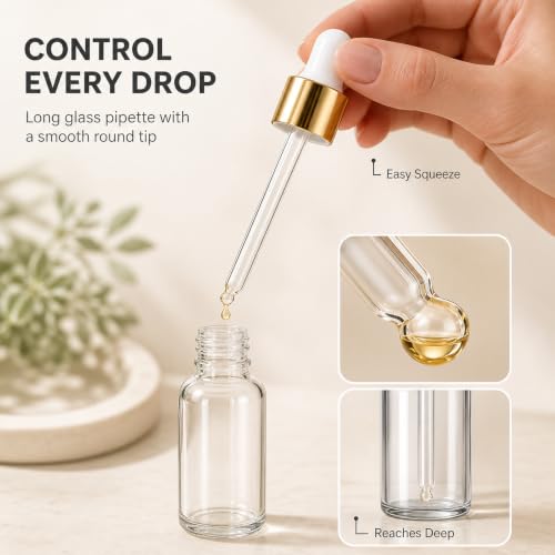 1oz Clear Glass Dropper Bottles Bulk Pack of 99 with Leakproof Gold Caps – Essential Oils, DIY Serums, Storage