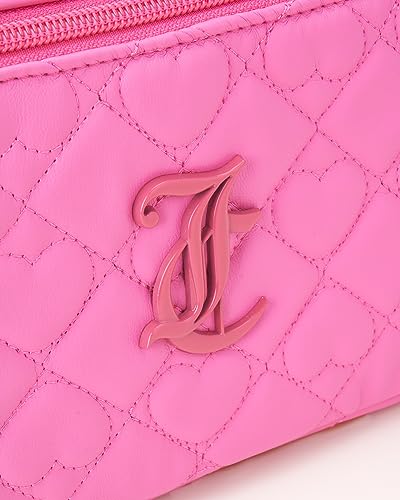 Juicy Couture Pink Faux Leather Quilted Heart Makeup Bag with Top Handle