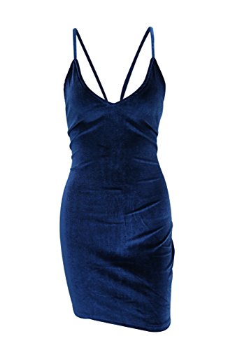 X-Small Women Velvet Club Dress Sleeveless Backless Mini Bodycon Navy Blue