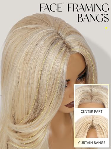 Blonde Layered Wavy Wig with Curtain Bangs - Synthetic Flawless 24 Inch - Mixed Blonde