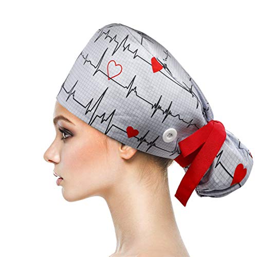 Working Cap with Buttons and Sweatband Adjustable Ribbon Tie Ponytail Hats for Women,Long Hair Head Covers Hair Caps