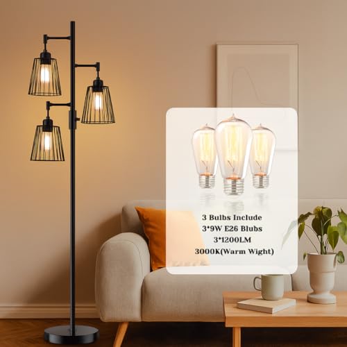 PESRAE Matte Black Dimmable Industrial Floor Lamp with Teardrop Cage Heads & 3 LED Bulbs