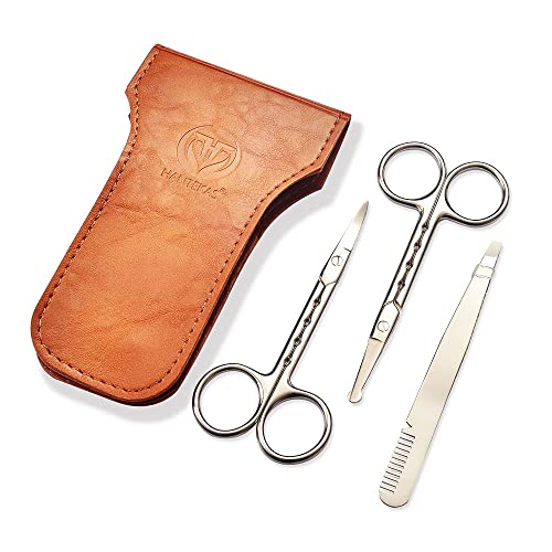 Professional Stainless Steel Curved Rounded Facial Hair Scissors Tweezers Set For Men Moustache, Nose Hair, Beard Trimming Scissors,Safety Use for Eyebrows,Eyelashes,Ear Hair - PU Leather Bag