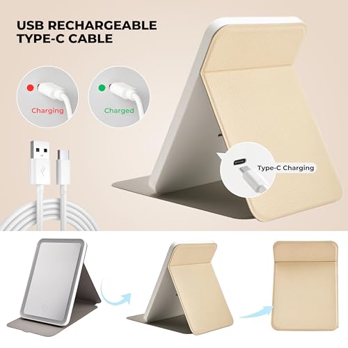 ZEVGANI Travel Lighted Makeup Mirror, 3-Color Dimmable LED Lighting, USB Rechargeable Light up Portable Tabletop Folding Vanity Cosmetic Mirror, Leather Cover Beige