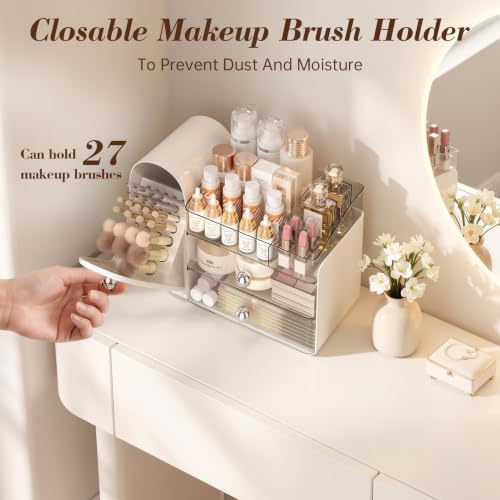 Delamu White Large Vanity Makeup Organizer – 3-in-1 with 27 Compartments