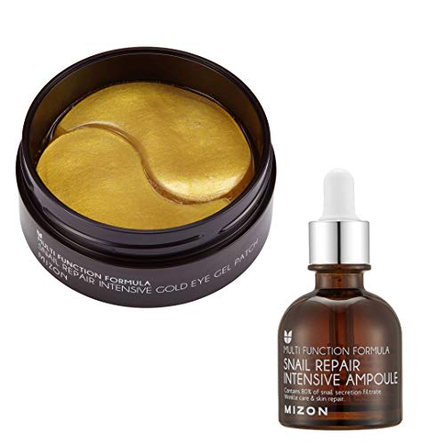 MIZON Snail Gold Eye Gel Patches + Snail Repair Intensive Ampoule, Moisturizing, anti-aging, skin regeneration, Reduces Puffiness, Dark Circles treatment
