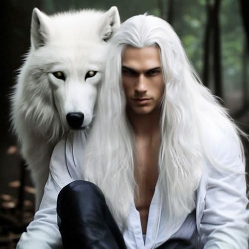 White Long Curly Wavy Costume Wig - Heat Resistant Synthetic Hair for Men & Women - Sallcks