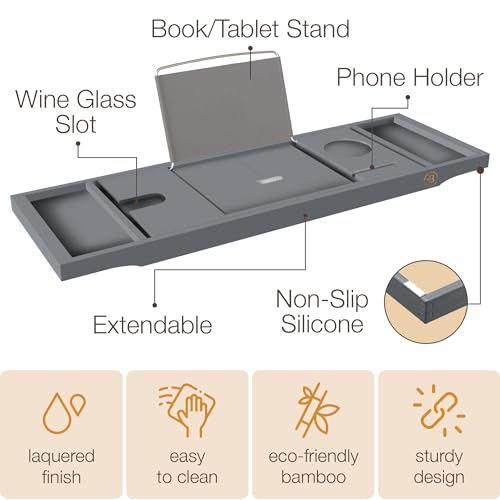 Wooden Bathtub Tray - Foldable and Expandable Bamboo Bath Tray for Tub with Wine Holder, Book & Tablet Stand - Bath Caddy Tray for Bathtub, Bath Accessories, Tub Tray Table, Gift Idea (Charcoal Grey)