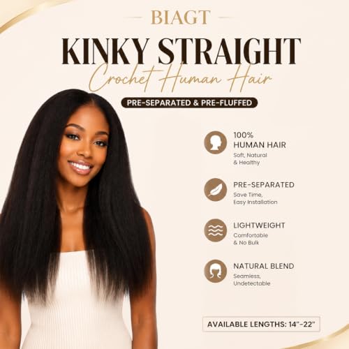 BIAGT Kinky Straight Crochet Human Hair 20 Inch 50g Pre-Fluffed, Tangle-Free Natural Yaki Texture