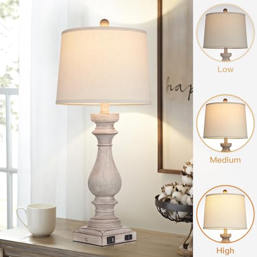 Gray 29-Inch Tall Table Lamp Set of 2 with USB-C & Outlets - Dimmable Touch Control Bedside Lamps