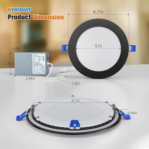 VOLISUN 6 Inch Recessed LED Downlight Black 5CCT, 3W Eqv 120W, Dimmable