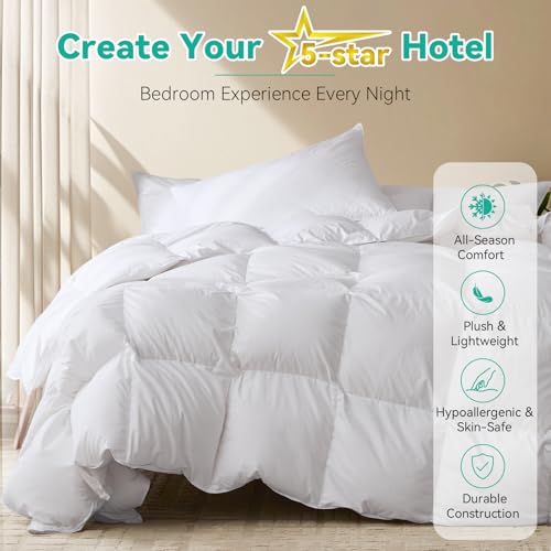 Oversized King Goose Feather Down Fiber Comforter - All-Season Fluffy Duvet with Corner Loops - White