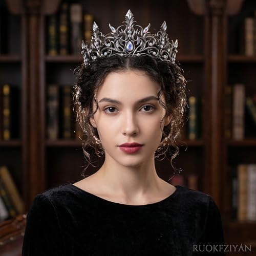 Dark Queen Gunmetal AB Crystal Tiara Crown for Women - Gothic Royal Headpiece