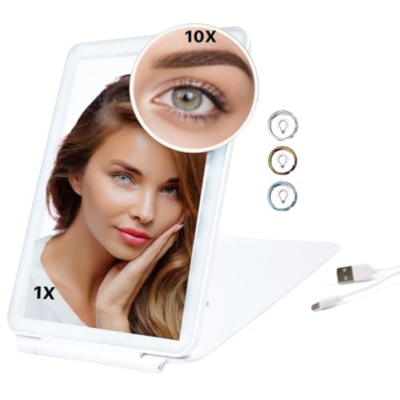 MaxMaze LED Compact Makeup Beauty Travel Mirror Rechargeable 5 X 7 1/2 Inch Foldable with Detachable 10X Magnification and 3 Color Lighted Touch Screen Ultra Thin for Travel Home Office