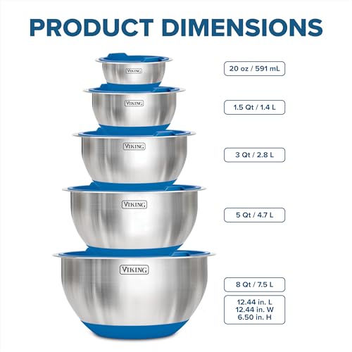 Viking 10-Piece Stainless Steel Mixing Bowl Set with Non-Slip Silicone Base - Blue