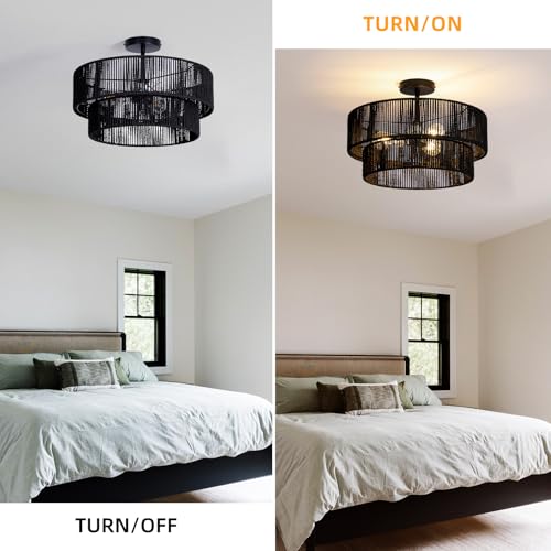 Black Hemp Rope Semi Flush Mount Ceiling Light Fixture 18-Inch Boho Rattan Lamp