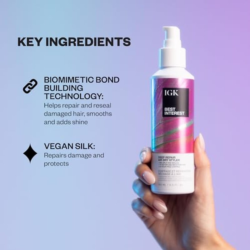 IGK Best Interest Bond Building Air Dry Styling Cream ? Leave-In Treatment for Split Ends, Breakage, Frizz Control, and Shine ? Vegan & Cruelty-Free