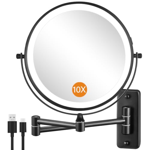 DECLUTTR 8-Inch Rechargeable LED Wall-Mounted Makeup Mirror 10X Magnification Black