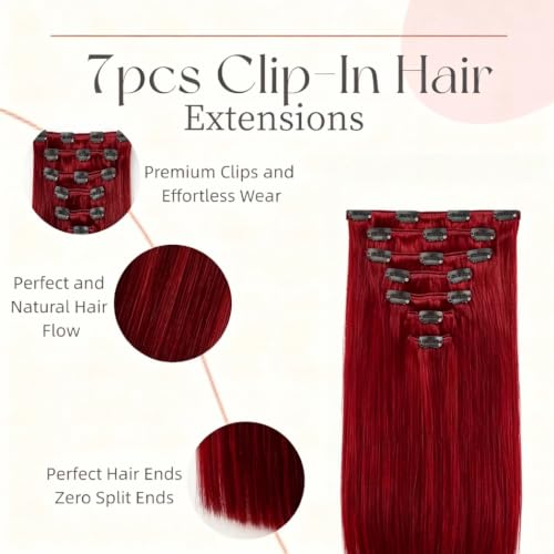 Red Clip-In Hair Extensions 12 Inch 80g Real Human Hair 7Pcs Soft & Natural