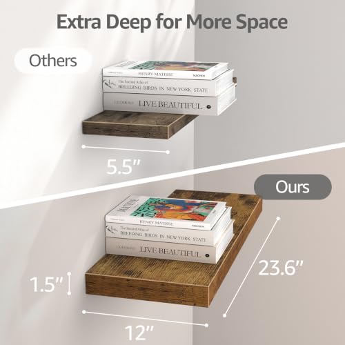Deep Floating Wall Shelves Set of 3 - Brown, 23.6 x 12 Inches