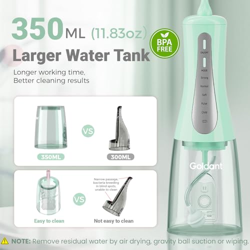 350ML Water Flosser with Drainage Stand - Green, IPX7 Waterproof, 5 Modes