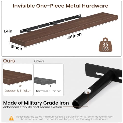 Acovy Walnut Floating Shelves Set of 2 48x8in Wall Mount Display Shelf Modern Design