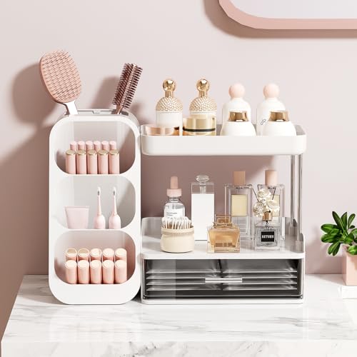 UFORU White Makeup Organizer with Brush Holder, Large Vanity Storage