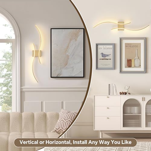 GLOTHOR Brushed Brass Arc Wireless Wall Sconces Set of 2, Dimmable, 3CCT, 23.6"