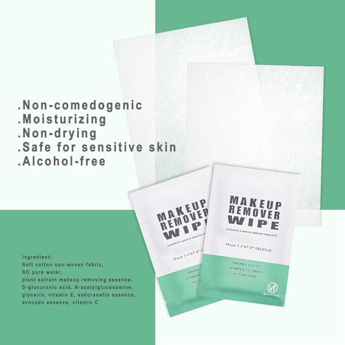 Green Makeup Remover Wipes - 200 Individually Wrapped Facial Cleansing Towelettes