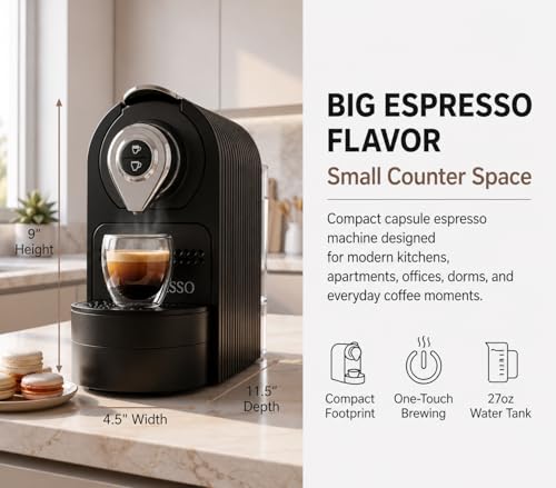 Black Espresso Pod Machine - Compact 19-Bar Nespresso Compatible Coffee Maker