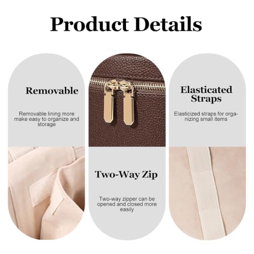Cosmetic Case Leather Makeup Bag Portable Handheld with Removable Compartments Coffee M (8x5.5x6in)