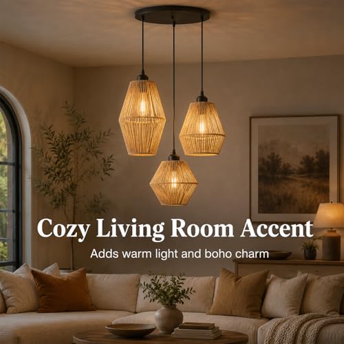 3-Light Rattan Pendant Light - Hand Woven Boho Chandelier, Adjustable Wicker Fixture - A Style
