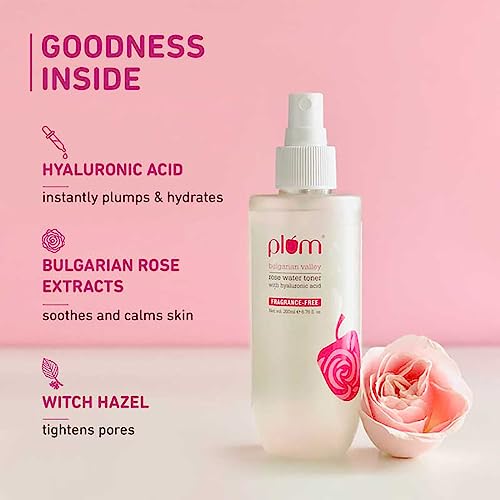 Plum Bulgarian Valley Rose Water Toner |with Hyaluronic Acid & Rose Extracts|100% Natural Rose Fragrance|Soothing and Pore Tightening | Balances Ph Levels (200 Ml (Pack of 1) Colourless)