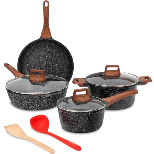 Black 9-Piece Nonstick Cookware Set with Granite Coating, Compatible with All Stovetops