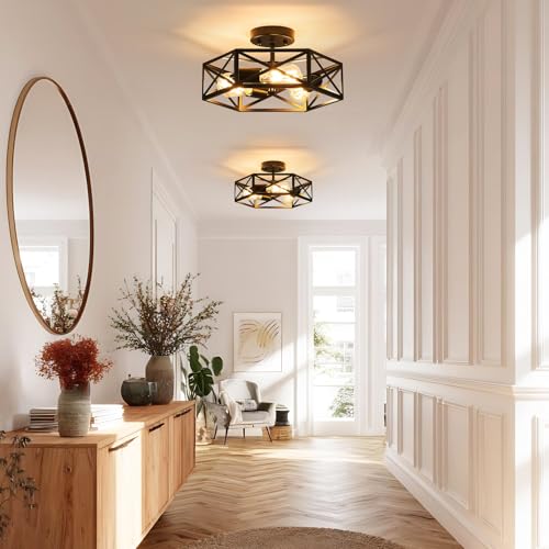 KUZIEG 14.6 Inch Modern Farmhouse Black Metal Semi Flush Mount Ceiling Light Fixture
