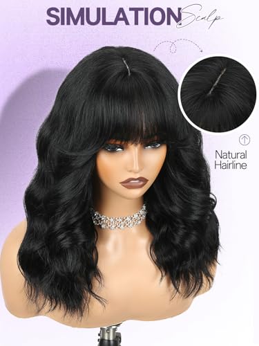 Black Short Wavy Bob Wig with Bangs for Women - 16 Inch Layered Curly Style - Variation: Black