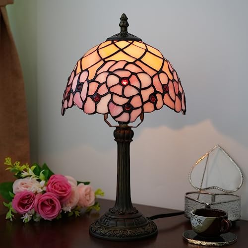 8 Inch Tiffany Cherry Blossom Table Lamp - Pink Stained Glass Bedside Decor