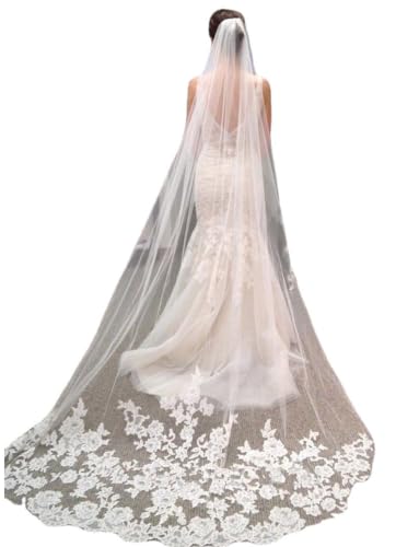 Long Bridal Lace Veil with Comb - Ivory Cathedral Wedding Tulle Hair Accessory 118" - Variation Ivory-2
