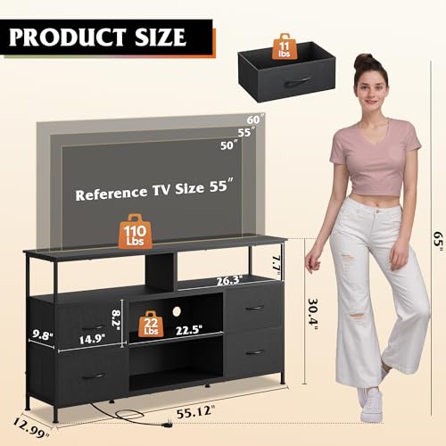 55 Inch TV Stand Dresser with LED Lights & Fabric Drawers - Black, Open Shelves