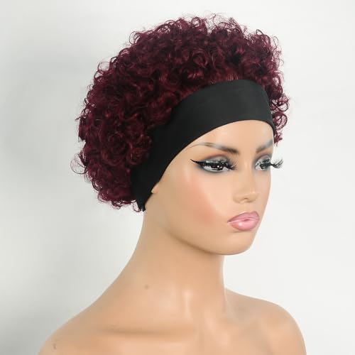 Red Short Curly Human Hair Headband Wig - Burgundy #99J 6 Inch, Glueless, 150% Density