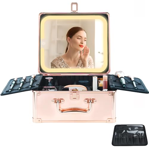 Makeup Organizer Box with Detachable Lighted Mirror, Travel Train Cosmetic Case, Adjustable Divider Storage Bag, Portable Artist Storage Suitcase with Magnetic LED Mirror (Rose Gold)