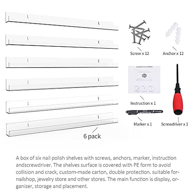 24 Inches Acrylic Nail Polish Rack for Wall, Clear Nail Polish Organizer Wall Mounted for 150 Bottles, 6 Pack
