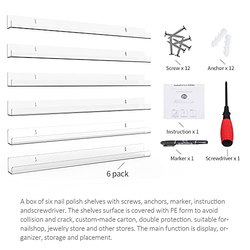 24 Inch Acrylic Nail Polish Rack Wall Mount - 6 Pack, Clear Organizer for 150 Bottles