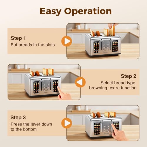 RONGBEST Silver 4-Slice Touch Screen Toaster with Wide Slots & Multiple Settings