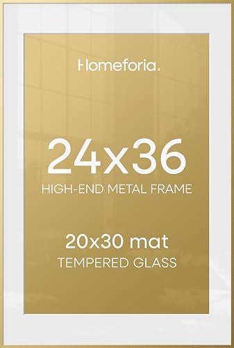 Gold Picture Frame 24x36 - Metal Wall Frame with 20x30 Mat & Clear Glass