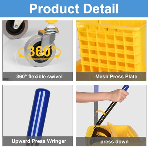 HiBaBy Commercial Mop Bucket & Blue Microfiber Mop Set with Yellow 35-Quart On Wheels